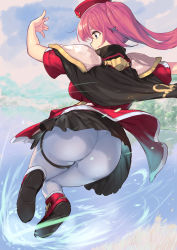 Rule 34 | 1girl, absurdres, armor, ass, blue eyes, boots, cape, dress, floating, from behind, hat, highres, huge ass, kirikawa ikumu, looking away, magic, original, pantyhose, pauldrons, pink hair, pleated dress, shoulder armor, solo, thigh strap, wind, wind lift