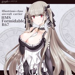 Rule 34 | 1girl, azur lane, black dress, black nails, black ribbon, breasts, character name, cleavage, collarbone, dated, dress, earrings, formidable (azur lane), frilled dress, frills, grey hair, hair ribbon, hands on own breasts, hebitsukai-san, highres, jewelry, large breasts, long hair, looking at viewer, nail polish, red eyes, ribbon, solo, twitter username, two-tone dress, two-tone ribbon, upper body, white ribbon