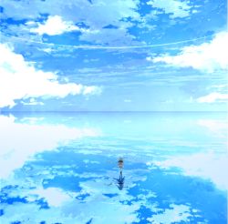 Rule 34 | 1girl, bird, blue hair, blue theme, cloud, day, dress, from behind, highres, horizon, kabuchi hina, long hair, original, outdoors, reflection, ripples, scenery, sky, solo, standing, standing on liquid, thighhighs, toubina, twintails, water, water world, white thighhighs