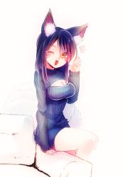 Rule 34 | 1girl, ;d, ahri (league of legends), alternate costume, animal ears, black hair, breasts, cleavage, cleavage cutout, clothing cutout, couch, eyebrows, facial mark, fox ears, fox tail, fur, hand up, league of legends, long hair, long sleeves, looking at viewer, meme attire, mizoreame, multiple tails, one eye closed, open-chest sweater, open mouth, ribbed sweater, shorts, sitting, sitting on object, sleeves past wrists, smile, solo, sweater, swept bangs, tail, waving, whisker markings, white background, yellow eyes