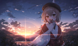 Rule 34 | 1girl, beret, berry, braid, braided bangs, brown eyes, brown hair, cloud, cloudy sky, donyaki, feathers, gloves, hat, highres, hololive, hololive english, japanese clothes, kimono, lace, lace gloves, lake, lens flare, looking at viewer, magaqq123, mountain, mountainous horizon, multicolored hair, nanashi mumei, nanashi mumei (new year), official alternate costume, plant, red shawl, ribbon, shards, shawl, short hair, sky, star (sky), starry sky, streaked hair, sunlight, twilight, virtual youtuber, water, white kimono, wide sleeves