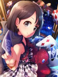 Rule 34 | 1girl, ayami (ayanoayanosuke), bare shoulders, black eyes, black hair, bracelet, cape, card, commentary request, diamond (shape), dress, earrings, frilled dress, frills, glowstick, hair ornament, hat, highres, idolmaster, idolmaster cinderella girls, jewelry, looking at viewer, looking back, looking up, mini hat, playing card, poker chip, sasaki chie, short hair, sleeveless, sleeveless dress, smile, solo, spade (shape)