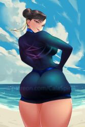 Rule 34 | 1girl, ass, beach, brown eyes, brown hair, calad g, capcom, chun-li, dress, from behind, highres, huge ass, lipstick, looking back, makeup, ocean, sky, smile, solo, street fighter, thick thighs, thighs, thong, translucent, translucent dress