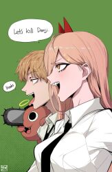 Rule 34 | + +, 1boy, 1girl, :d, black necktie, blonde hair, brown hair, chainsaw, chainsaw man, collared shirt, creature, cross-shaped pupils, denji (chainsaw man), from side, green background, halo, highres, horns, j.k., long hair, necktie, open mouth, pochita (chainsaw man), power (chainsaw man), profiole, sharp teeth, shirt, signature, simple background, smile, symbol-shaped pupils, teeth, tongue, tongue out, white shirt, wing collar, yellow eyes