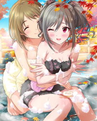 Rule 34 | 10s, 2girls, ;d, ^ ^, animal print, artist request, autumn, autumn leaves, barefoot, bathing, breasts, brown hair, butterfly print, cleavage, closed eyes, cloud, crossed arms, day, drill hair, feet, fence, grey hair, hair between eyes, hair ornament, happy, head tilt, holding, hug, hug from behind, idolmaster, idolmaster cinderella girls, kanzaki ranko, kneeling, lace, leaf, leaning forward, looking at another, maple leaf, medium breasts, mimura kanako, multiple girls, naked towel, official art, one eye closed, onsen, open mouth, outdoors, parted bangs, pink eyes, rock, same-sex bathing, shared bathing, short hair, short twintails, sidelocks, sitting, sky, smile, soap bubbles, sponge, steam, towel, twin drills, twintails, water, wavy hair, wet, yellow towel