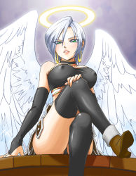 Rule 34 | 1girl, angel wings, bandeau, breasts, bridal gauntlets, choker, covered erect nipples, dragon quest, dragon quest ix, earrings, elbow gloves, gloves, green eyes, halo, jewelry, large breasts, crossed legs, level-5, nekomura otako, pteruges, raviel, shirt, short hair, silver hair, sitting, skirt, solo, taut clothes, taut shirt, thighhighs, wings
