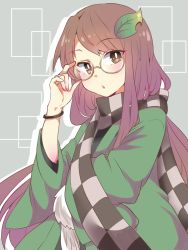 Rule 34 | 1girl, adjusting eyewear, bad id, bad pixiv id, black scarf, bracelet, brown eyes, brown hair, chako (chakoxxx), checkered clothes, checkered scarf, eyebrows, futatsuiwa mamizou, futatsuiwa mamizou (human), glasses, grey background, hair ornament, highres, jewelry, leaf hair ornament, long hair, looking at viewer, matching hair/eyes, open mouth, round eyewear, scarf, sleeves past wrists, solo, touhou, upper body, white scarf, wide sleeves