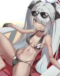 Rule 34 | 1girl, absurdres, bikini, black bikini, blue archive, blush, breasts, choker, dark-skinned female, dark skin, eyewear on head, gloves, grey hair, hair over one eye, halo, highres, iori (blue archive), iori (swimsuit) (blue archive), liking, long hair, looking at viewer, multi-strapped bikini bottom, navel, official alternate costume, pointy ears, red eyes, sitting, small breasts, smile, solo, spread legs, stomach, string bikini, sunglasses, sweat, swimsuit, tail, twintails, very long hair