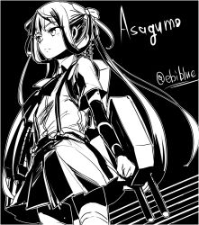 Rule 34 | 10s, 1girl, arm warmers, asagumo (kancolle), ascot, black background, character name, collared shirt, cowboy shot, ebiblue, greyscale, hair ribbon, kantai collection, machinery, miniskirt, monochrome, pleated skirt, ribbon, school uniform, shirt, skirt, solo, suspenders, twintails, twitter username