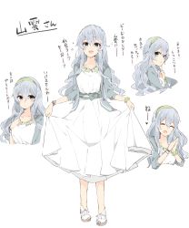 Rule 34 | 10s, 1girl, alternate costume, blouse, character name, dress, female focus, grey eyes, hairband, highres, kantai collection, long hair, multiple persona, multiple views, aged up, ooyama imo, open mouth, shirt, sidelocks, silver hair, simple background, smile, wavy hair, yamagumo (kancolle)