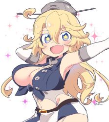 Rule 34 | 10s, 1girl, ahoge, armpits, arms up, blonde hair, breasts, cleavage, elbow gloves, fang, front-tie top, garter straps, gloves, hair between eyes, headgear, iowa (kancolle), kantai collection, large breasts, long hair, miniskirt, navel, open mouth, skirt, smile, solo, star-shaped pupils, star (symbol), striped, symbol-shaped pupils, tsukko (3ki2ne10), vertical stripes