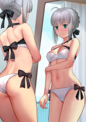 Rule 34 | 1girl, artoria pendragon (fate), artoria pendragon (swimsuit archer) (fate), artoria pendragon (swimsuit archer) (fate) (cosplay), artoria pendragon (swimsuit archer) (first ascension) (fate), ass, back bow, bare arms, bare shoulders, besmiled, bikini, black bow, black ribbon, blush, bow, braid, breasts, cleavage, closed mouth, commission, cosplay, cowboy shot, embarrassed, fate/grand order, fate (series), frown, gray (fate), green eyes, hair bow, hair ribbon, hand on own arm, highres, indoors, lord el-melloi ii case files, medium breasts, mirror, navel, pixiv commission, reflection, ribbon, short hair, side-tie bikini bottom, silver hair, smile, solo, stomach, swimsuit, v-shaped eyebrows, white bikini