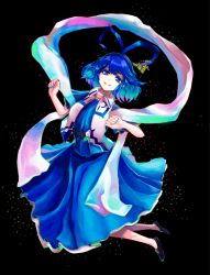 Rule 34 | 1girl, belt, black background, black footwear, blue dress, blue eyes, blue hair, blue nails, breasts, dress, eyebrows hidden by hair, flower, full body, furukawa yuichi, hagoromo, hair ornament, hair rings, hair stick, hand up, highres, iridescent, kaku seiga, light particles, light smile, looking at viewer, medium breasts, medium hair, nail polish, open clothes, open vest, parted lips, pink flower, shawl, simple background, solo, swept bangs, teeth, touhou, vest, white vest