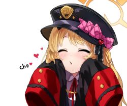 Rule 34 | 1girl, black coat, black hat, black ribbon, blonde hair, blondy (ldlong), blue archive, blush, bow, closed eyes, coat, collared shirt, facing viewer, frilled ribbon, frills, hair ribbon, halo, hat, hat bow, hat ornament, heart, heart hat ornament, highres, ibuki (blue archive), kiss, neck ribbon, parted lips, peaked cap, pink bow, ribbon, shirt, side ponytail, simple background, sleeves past fingers, sleeves past wrists, smile, solo, upper body, white background, white shirt
