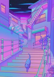 Rule 34 | architecture, blue cat, blue clouds, building, cat, city, east asian architecture, gradient sky, highres, neon palette, night, night sky, no humans, on wall, original, outdoors, owakita, purple sky, purple theme, railing, scenery, sitting on wall, sky, stairs, star (sky), tile wall, tiles, tree, white cat, window