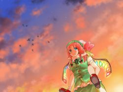 Rule 34 | 2girls, arms around neck, asymmetrical wings, beret, bird, blonde hair, blue eyes, blush, bow, braid, carrying, chinese clothes, citrus (place), cloud, cloudy sky, evening, flandre scarlet, from below, hair bow, hat, hat bow, hong meiling, looking at viewer, mary janes, mob cap, multiple girls, neck ribbon, outdoors, perspective, piggyback, puffy short sleeves, puffy sleeves, red hair, ribbon, shoes, short sleeves, side slit, sky, smile, socks, star (sky), star (symbol), tangzhuang, touhou, twin braids, wings