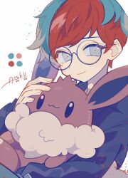 Rule 34 | 1girl, auko, black hoodie, blue hair, color guide, commentary request, creatures (company), eevee, game freak, gen 1 pokemon, glasses, grey eyes, highres, holding, holding stuffed toy, hood, hoodie, looking at viewer, multicolored hair, nintendo, penny (pokemon), pokemon, pokemon sv, red hair, round eyewear, signature, simple background, smile, solo, stuffed toy, two-tone hair, upper body, white background