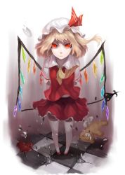 Rule 34 | 1girl, arms behind back, blonde hair, broken, broken plate, checkered floor, crystal, cup, flandre scarlet, from above, full body, fuuko chan, gradient background, hat, hat ribbon, laevatein, looking at viewer, mob cap, plate, puffy sleeves, red eyes, ribbon, shirt, shoes, short hair, short sleeves, side ponytail, skirt, skirt set, solo, stuffed animal, stuffed toy, teacup, teddy bear, thighhighs, touhou, upskirt, vest, white thighhighs, wings