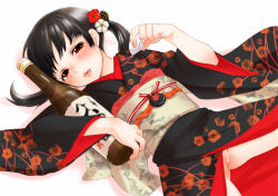Rule 34 | 1girl, alcohol, black hair, blush, bottomless, cup, drunk, inuburo, japanese clothes, lying, pussy, red eyes, sakazuki, sake, solo, spread legs, tongue, twintails, uncensored
