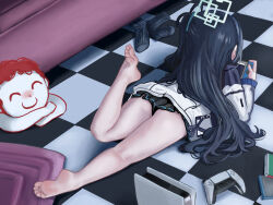 Rule 34 | 1boy, 1girl, absurdres, aris (blue archive), barefoot, black hair, blue archive, controller, feet, game console, game controller, highres, long hair, lying, nintendo switch, on stomach, playstation 5, sensei (blue archive), soles, toes, tpm, unworn socks