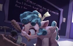 Rule 34 | 1girl, absurdres, animal ears, aqua hair, brown eyes, chalkboard, cozy glow, english text, highres, horse ears, indoors, medium hair, my little pony, my little pony: friendship is magic, no humans, pegasus, pegasus wings, solo, spiked bat, vghosties, weapon in mouth, white fur