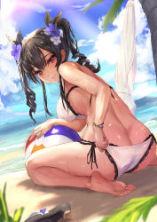 Rule 34 | 1girl, absurdres, ass, ball, barefoot, beachball, bikini, black hair, blush, breasts, butt crack, curly hair, flower, hair between eyes, hair flower, hair ornament, highres, large breasts, looking at viewer, looking back, manichi, medium hair, mole, mole under mouth, original, outdoors, shiny skin, shoes, unworn shoes, sidelocks, smile, soles, swimsuit, twintails, wet, white bikini, wristband