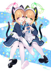 Rule 34 | 2girls, absurdres, animal ear headphones, animal ears, apron, black dress, black footwear, blonde hair, blue archive, blush, cat tail, closed mouth, dated, dress, fake animal ears, frilled apron, frills, green eyes, green halo, halo, headphones, heart, heart hands, heart hands duo, highres, long sleeves, maid apron, midori (blue archive), midori (maid) (blue archive), momoi (blue archive), momoi (maid) (blue archive), multiple girls, official alternate costume, open mouth, pantyhose, pink halo, red eyes, shoes, short hair, siblings, signature, sisters, smile, tail, twins, white apron, white pantyhose, zcx