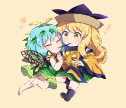 Rule 34 | !, 2girls, :t, antennae, barefoot, beige background, black footwear, black hat, blonde hair, blush, boots, butterfly wings, chibi, clenched hand, closed eyes, commentary request, detached sleeves, dress, eternity larva, food, green dress, green skirt, hand up, hat, heart, insect wings, kaoling, leaf, long hair, long sleeves, matara okina, multiple girls, pocky, pocky kiss, shared food, shirt, short hair, simple background, skirt, tabard, touhou, white shirt, wide sleeves, wings, yellow eyes, yuri