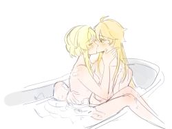 Rule 34 | 1boy, 1girl, aether (genshin impact), alternate hairstyle, bare arms, bare legs, bare shoulders, bath, bathing, bathtub, blonde hair, brother and sister, bubble, closed eyes, collarbone, completely nude, feet out of frame, genshin impact, hair between eyes, hair down, incest, kiss, long hair, looking at another, lumine (genshin impact), nude, short hair, siblings, sidelocks, sin05872114, sitting, sitting on lap, sitting on person, soap, soap bubbles, twincest, twins, white background, yellow eyes