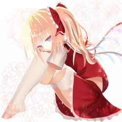 Rule 34 | 1girl, ambiguous red liquid, blonde hair, bow, flandre scarlet, frilled skirt, frills, full body, hair bow, hugging own legs, knees up, looking at viewer, red eyes, red skirt, red vest, short sleeves, side ponytail, sitting, skirt, smile, solo, thighhighs, torn clothes, torn thighhighs, touhou, tsurime, vest, white thighhighs, wings