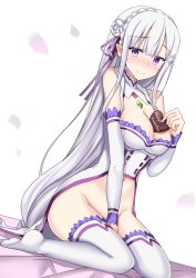 Rule 34 | 10s, 1girl, bad id, bad pixiv id, bare legs, bare shoulders, barefoot, between breasts, between legs, blush, bottomless, braid, breasts, candy, chocolate, chocolate heart, cleavage, crown braid, detached collar, detached sleeves, dutch angle, emilia (re:zero), food, gift, hair ribbon, hand between legs, happy valentine, heart, holding, holding gift, large breasts, long hair, looking at viewer, minato yoshihiro, no panties, obligation chocolate, pointy ears, purple eyes, re:zero kara hajimeru isekai seikatsu, ribbon, silver hair, sitting, smile, solo, split mouth, thighhighs, valentine, wariza, white thighhighs