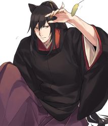 Rule 34 | 1boy, animal ears, arm up, bad id, bad pixiv id, black hair, brown nails, cat ears, cattail, chorefuji, closed mouth, commentary request, hair between eyes, kemonomimi mode, long hair, looking to the side, male focus, plant, ponytail, simple background, solo, tarou tachi, touken ranbu, very long hair, white background, wide sleeves, yellow eyes