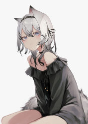 Rule 34 | 1girl, animal ear fluff, animal ears, bare shoulders, between legs, black choker, black dress, choker, closed mouth, collarbone, commentary request, dress, frilled dress, frills, grey background, grey eyes, grey hair, hair between eyes, hand between legs, highres, looking at viewer, mayogii, off-shoulder dress, off shoulder, original, simple background, sitting, solo, tail