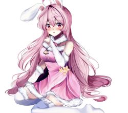 Rule 34 | 1girl, aliza (art flufff), animal ears, bunny rina, commentary, english commentary, highres, indie virtual youtuber, long hair, md5 mismatch, pink eyes, pink hair, rabbit ears, solo, thighhighs, very long hair, virtual youtuber, white background