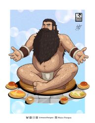 Rule 34 | 1boy, bara, beard, belly, bread, brown hair, bulge, covered penis, crossed legs, dungeon meshi, dwarf, facial hair, fat, fat man, food, full body, hairy, highres, loincloth, long beard, looking at viewer, male focus, maxxfergus, merchandise available, muscular, muscular male, mustache, offering hand, senshi (dungeon meshi), sitting, solo, sparse chest hair, sparse navel hair, thick arm hair, thick eyebrows, thick mustache, thick navel hair, topless male, very hairy, very long beard