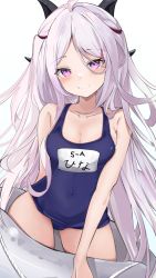 Rule 34 | 1girl, alternate breast size, blue archive, breasts, cleavage, collarbone, commentary request, highres, hina (blue archive), hina (swimsuit) (blue archive), horns, innertube, looking at viewer, medium breasts, purple eyes, runep, school swimsuit, silver hair, simple background, smile, solo, swim ring, swimsuit, white background