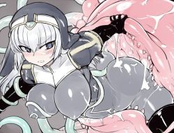 Rule 34 | 1girl, ass, between buttocks, black thighhighs, blue eyes, blush, bodysuit, borrowed character, grabbing another&#039;s breast, breasts, clenched teeth, covered erect nipples, female focus, gloves, grabbing, habit, huge ass, large breasts, long hair, looking back, monster, null (nyanpyoun), nun, original, restrained, silver hair, skin tight, solo, teeth, tentacles, thighhighs, vore