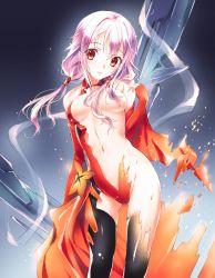 Rule 34 | 10s, 1girl, black thighhighs, breasts, dissolving clothes, guilty crown, highres, kikurage (plastic people), navel, purple hair, red eyes, solo, thighhighs, torn clothes, yuzuriha inori