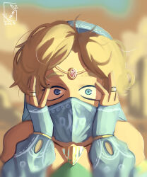 Rule 34 | 1boy, absurdres, artist logo, blonde hair, blue eyes, blurry, blurry background, commentary, covered mouth, dated, desert voe set (zelda), english commentary, highres, jewelry, kayummo, link, looking at viewer, male focus, mask, mouth mask, nintendo, ring, solo, straight-on, tagme, the legend of zelda, the legend of zelda: breath of the wild, upper body, veil