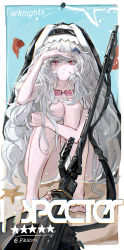 Rule 34 | 1girl, absurdres, alternate costume, arknights, arm up, artist name, bare legs, barefoot, bikini, character name, chinese commentary, circular saw, closed mouth, commentary request, eyewear around neck, habit, hair between eyes, hair ornament, highres, hugging own legs, long hair, looking at viewer, messy hair, nun, pikazimi, red eyes, saw, shark hair ornament, sidelocks, silver hair, sitting, soles, solo, specter (arknights), sunglasses, sweat, swimsuit, twitter username, weapon, white bikini