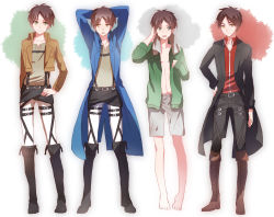 Rule 34 | 1boy, alternate color, alternate costume, black hair, boots, brown hair, costume chart, eren yeager, green eyes, jacket, long sleeves, michi (iawei), multiple persona, open mouth, shingeki no kyojin, short hair, thigh strap, yellow eyes