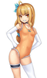 Rule 34 | 1girl, ahoge, blonde hair, casual one-piece swimsuit, choker, contrapposto, elbow gloves, frilled swimsuit, frills, gloves, grin, hands on own hips, katagiri (a1466502), bridal garter, long hair, one-piece swimsuit, orange eyes, original, single thighhigh, smile, solo, standing, swimsuit, thighhighs