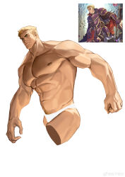Rule 34 | 1boy, abs, absurdres, bara, blonde hair, briefs, bulge, character request, cropped legs, fire emblem, highres, huge pectorals, male focus, male underwear, mature male, muscular, muscular male, my eight, navel, navel hair, nintendo, nipples, reference inset, solo, strongman waist, thick eyebrows, thighs, topless male, underwear, white background
