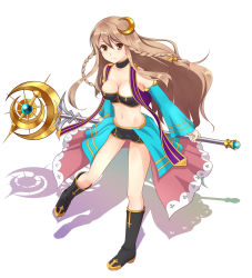 Rule 34 | 1girl, boots, braid, brave frontier, breasts, brown hair, cleavage, crescent, crescent hair ornament, detached collar, detached sleeves, dress, full body, hair ornament, highres, kuruuno, long hair, lucana, medium breasts, midriff, orange eyes, shadow, shorts, smile, solo, staff, star (symbol), star hair ornament, very long hair, white background