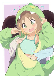 Rule 34 | + +, 3girls, ^^^, blonde hair, brown hair, collarbone, colored inner hair, commentary, crop top, dinosaur costume, fang, flat chest, flying sweatdrops, green eyes, hands up, highres, hood, hood up, hozuki momiji, long sleeves, multicolored hair, multiple girls, murairamuraiari, murosaki miyo, oka asahi, onesie, onii-chan wa oshimai!, open clothes, open mouth, purple background, silhouette demon, simple background, sketch, sweat, symbol-only commentary, tail, two-tone hair, unzipping, yuri