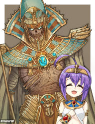 Rule 34 | 1boy, 1girl, absurdres, ahoge, breasts, commentary, corpse, crossover, egyptian clothes, closed eyes, fang, highres, holding, holding staff, jashin-chan dropkick, jewelry, kreuzer 00, medusa (jashin-chan dropkick), mummy, open mouth, purple hair, settra the imperishable, short hair, sidelocks, small breasts, smile, staff, tomb kings, usekh collar, warhammer fantasy