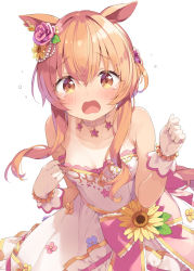 Rule 34 | 1girl, animal ears, bare shoulders, blush, bow, brown eyes, brown hair, collarbone, commentary request, dress, flower, gloves, hair flower, hair ornament, hands up, highres, horse ears, horse girl, kani biimu, long hair, looking at viewer, mayano top gun (sunlight bouquet) (umamusume), mayano top gun (umamusume), open mouth, pink bow, pink flower, pink rose, rose, simple background, solo, strapless, strapless dress, sunflower, tan, tanline, tears, umamusume, wavy mouth, white background, white dress, white gloves, yellow flower