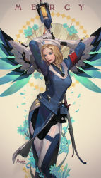 Rule 34 | 1girl, alternate hairstyle, armband, arms behind head, artist name, belt, beret, blonde hair, blue bodysuit, blue eyes, blue flower, bodysuit, breasts, character name, combat medic ziegler, commentary, contrapposto, cowboy shot, flower, glowing, glowing wings, hat, highres, holding, holding staff, kim han seul, light smile, long sleeves, looking at viewer, looking to the side, mechanical wings, medium breasts, mercy (overwatch), nose, official alternate costume, overwatch, overwatch 1, pliers, pouch, red lips, short hair, signature, solo, spread wings, staff, standing, utility belt, white background, white hat, wings