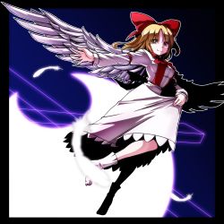 Rule 34 | 1girl, arm garter, black border, blonde hair, blue background, border, bow, bowtie, crescent, dress, eyebrows, feathered wings, feathers, gengetsu (touhou), hair bow, juliet sleeves, kikoka (mizuumi), long sleeves, looking at viewer, outstretched arm, puffy sleeves, red bow, red bowtie, skirt hold, sleeve cuffs, smile, solo, touhou, touhou (pc-98), white dress, white legwear, white wings, wings, yellow eyes