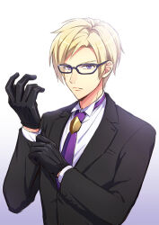 Rule 34 | 1boy, a3!, black gloves, black jacket, blonde hair, blue-framed eyewear, closed mouth, collared shirt, commentary request, dress shirt, formal, frown, furuichi sakyou, glasses, gloves, hands up, jacket, lapels, long sleeves, looking at viewer, male focus, mole, mole under eye, necktie, parted bangs, purple eyes, purple necktie, serious, shirt, short hair, sidelocks, simple background, solo, suit, tayu (canary-san), upper body, v-shaped eyebrows, white background, white shirt